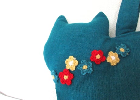 スラブリネン お花の猫バッグ ターコイズブルー