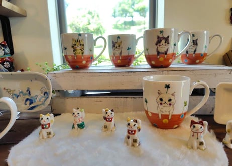 九谷焼 東早苗 クローバー猫とピヨのマグカップ＊サバトラ猫