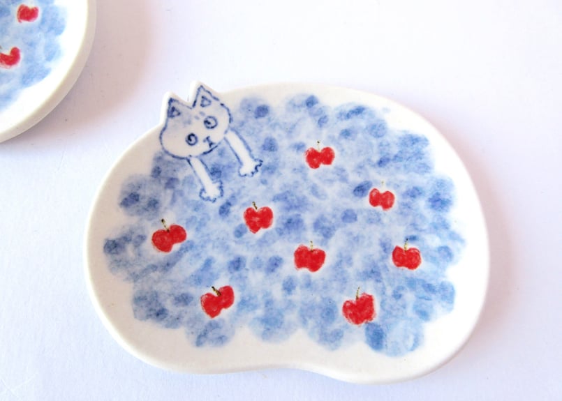 みなかわねこ ねこのそら豆皿＊りんごとねこ左①右② | コーヒー豆と