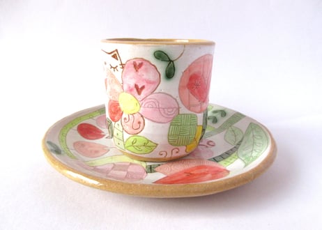 安藤喜代子　パッチワークネコのコーヒーカップ＊ピンクC