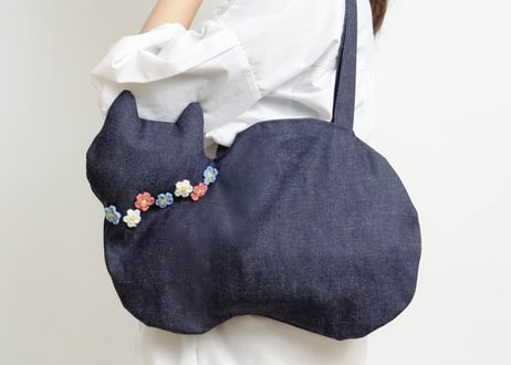 選べるカラー＊デニム猫ショルダーバッグ お花モチーフA/B/C
