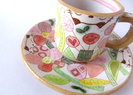 安藤喜代子　パッチワークネコのコーヒーカップ＊ピンクA