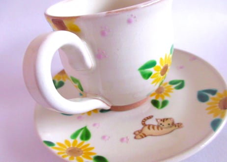 京焼・小手鞠窯 ひまわりのコーヒーカップ＊黒猫とチャトラネコ