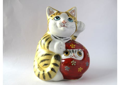 九谷焼 青郊窯　金彩 ダルマ招き猫
