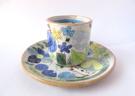 安藤喜代子　パッチワークネコのコーヒーカップ＊ブルーA