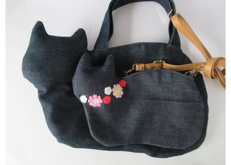 新作＊斜め掛け お花モチーフ仔猫バッグ＊オレンジ