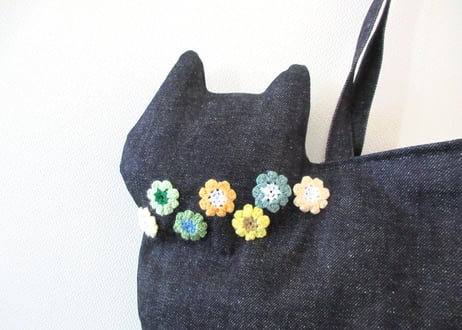 【限定1点のみ】デニムの猫バッグ ショルダータイプ＊お花モチーフ グリーン