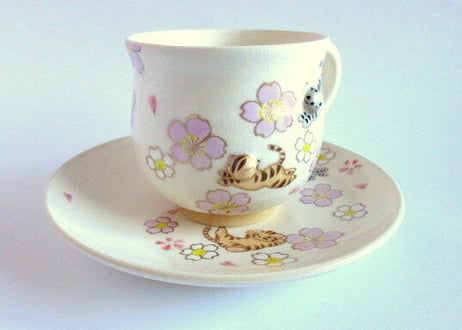 京焼・小手鞠窯 　桜と猫のコーヒーカップ＊茶トラとサバトラ