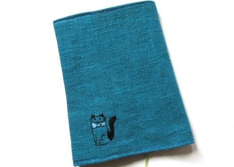 猫の刺繍 リネンブックカバー＊ターコイズブルーA
