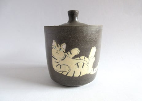 つぐみ製陶所 猫のフタ物H＊チャトラネコ