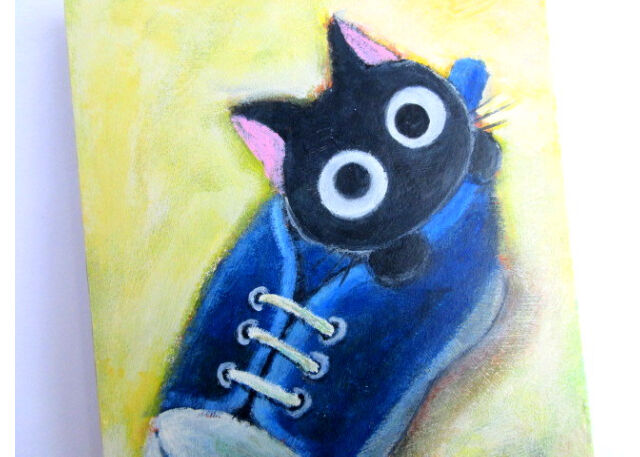 【ブラッキー】絵画 猫 Kuku Kako: Painting of a Black Cat with Golden Eyes (Sold