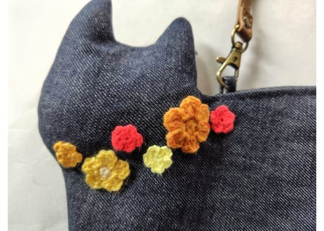 新作＊斜め掛け お花モチーフ仔猫バッグ＊オレンジ