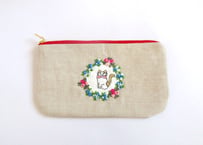 リネン刺繍平ポーチ＊お花と猫D