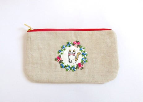 リネン刺繍平ポーチ＊お花と猫D
