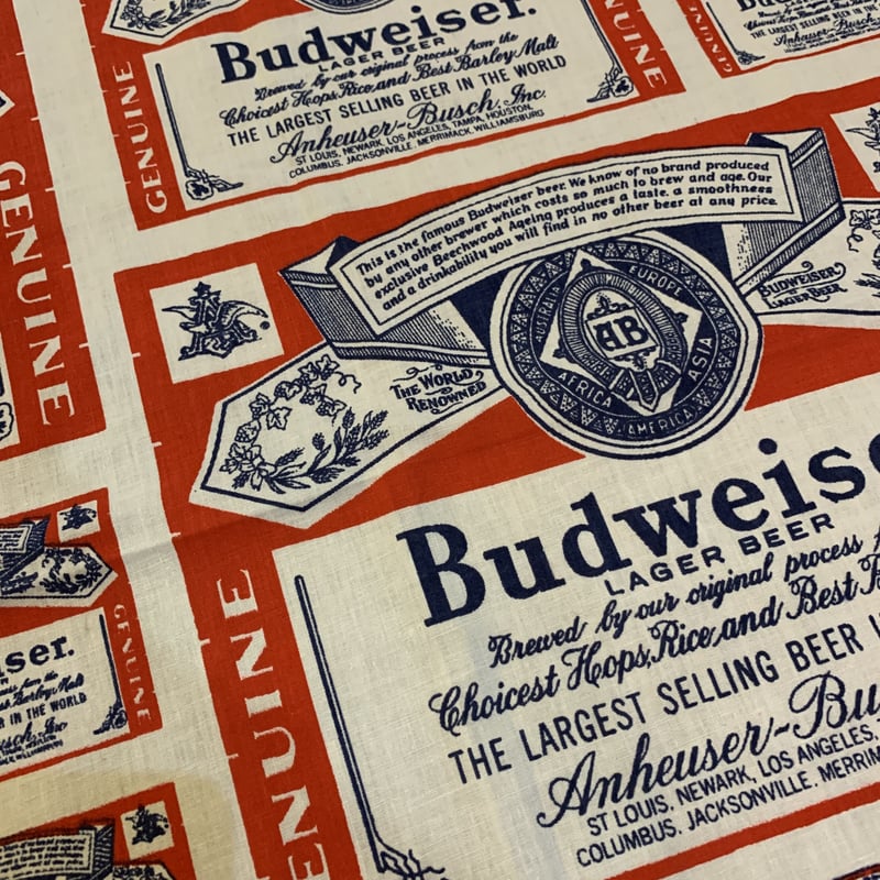 USA製 Budweiser バドワイザー ビンテージ ラグ ブランケット Budweiser バドワイザー総柄 生地 SEARS社 USA 製 | kurokawa pier