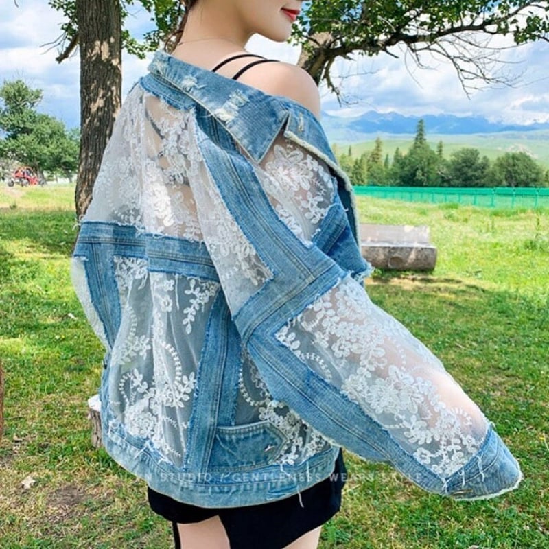 JK1【送料無料】新作♡！オーバーサイズ 花柄シースルー デニム  