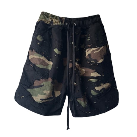 DISTRESSED CAMO SHORTS