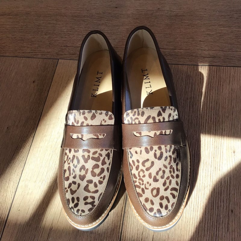 ウエッジソールコインローファー ブラウン×ヒョウ柄ポニー | shoes-klimt