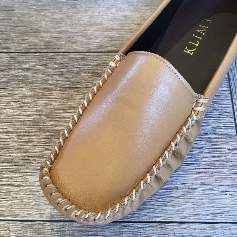 牛革 足を包み込む楽ちんモカシンシューズ キャメル | shoes-klimt