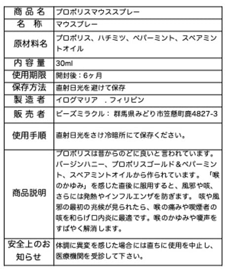 Honey propolis throat spray　プロポリスマウススプレー