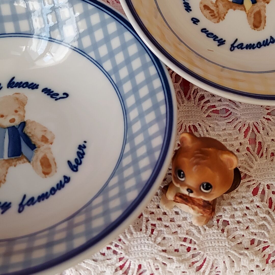 テディベアとギンガムチェック・深皿 ブルー | あんちーくKIDAN STORE