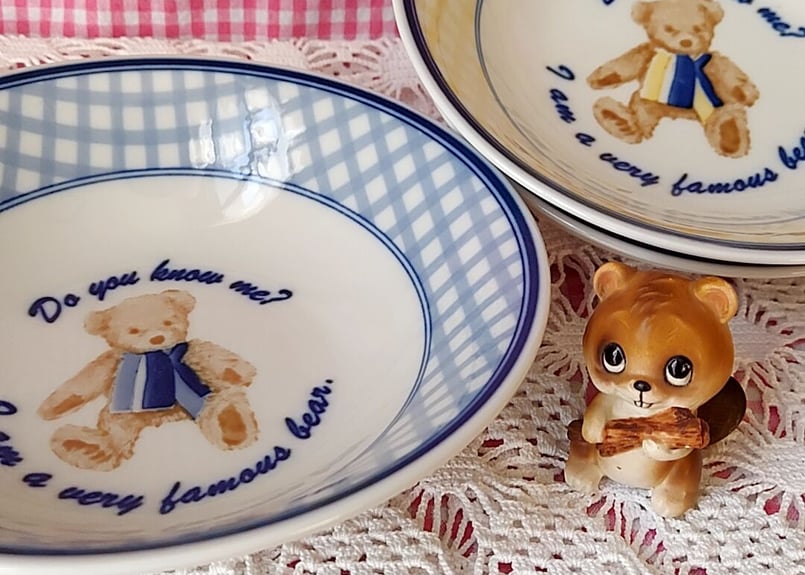 テディベアとギンガムチェック・深皿 ブルー | あんちーくKIDAN STORE