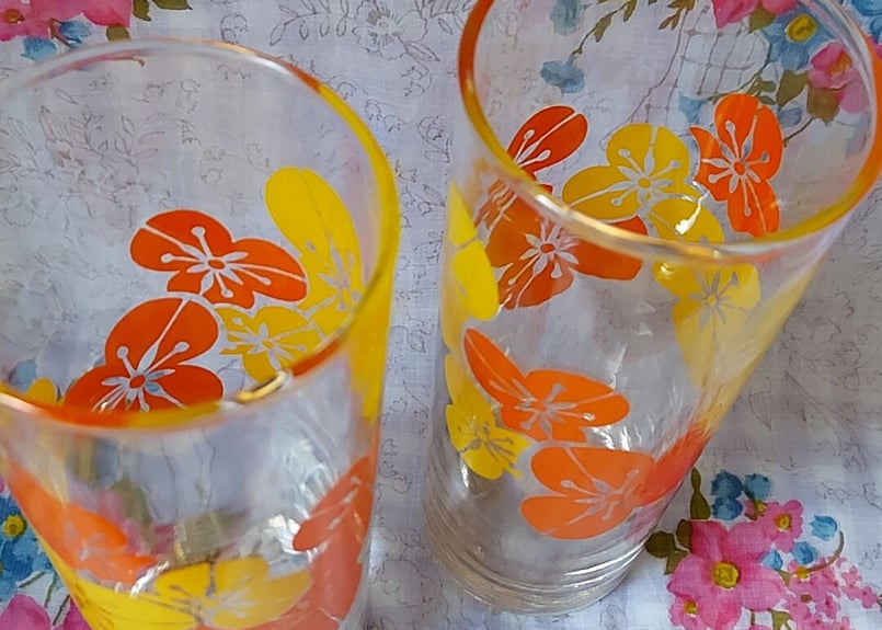 花柄　グラス 佐々木ガラス・オレンジイエロー🧡花柄ストレートグラス | あんちーく