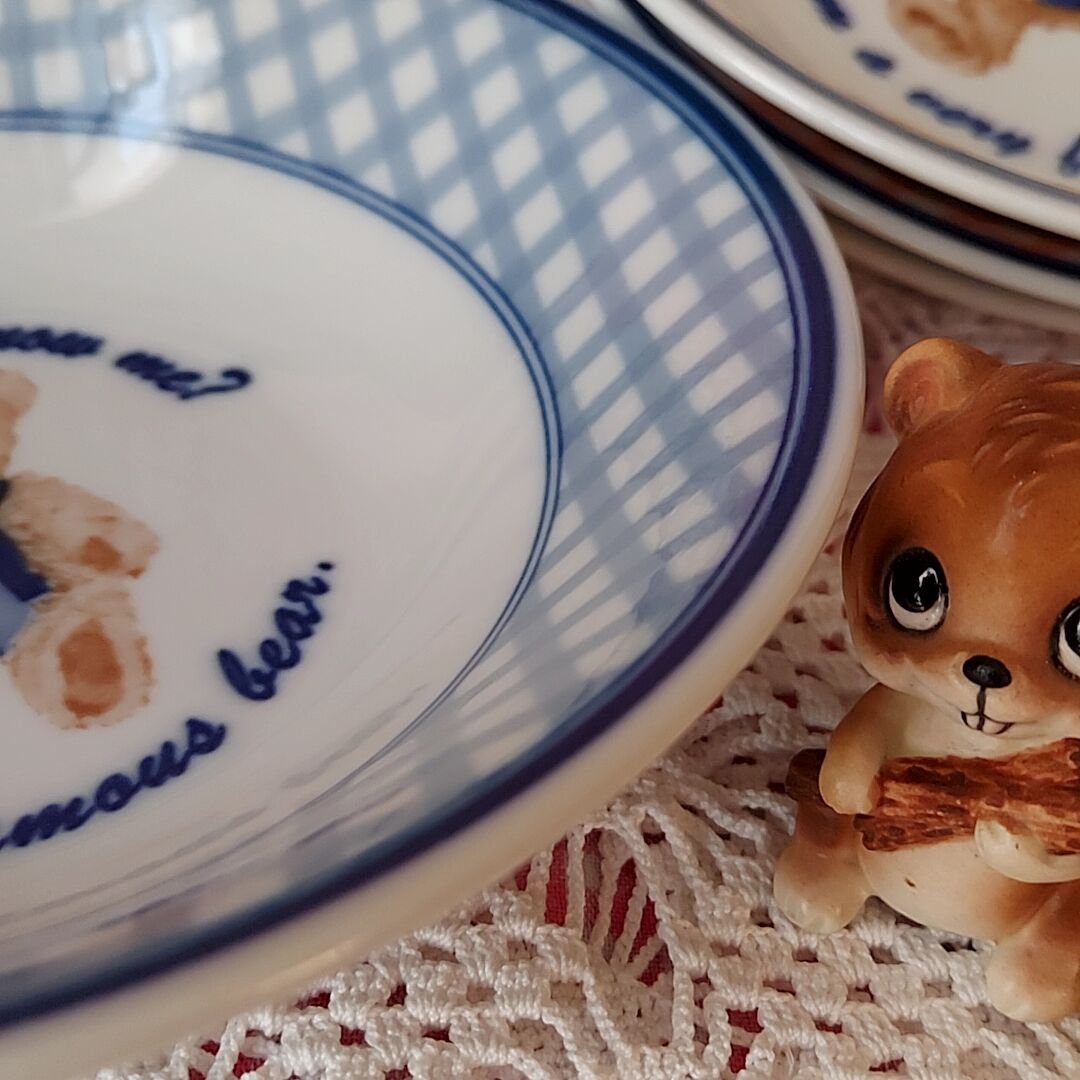 テディベアとギンガムチェック・深皿 ブルー | あんちーくKIDAN STORE