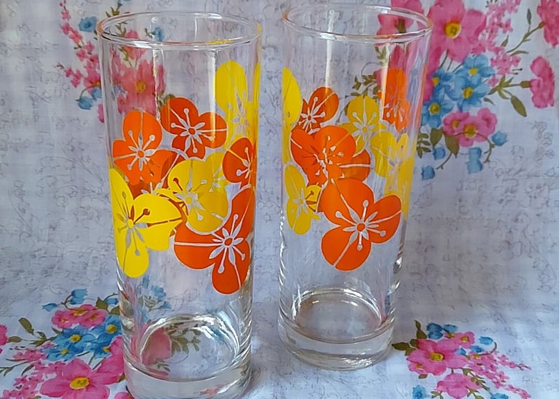 花柄　グラス 佐々木ガラス・オレンジイエロー🧡花柄ストレートグラス | あんちーく