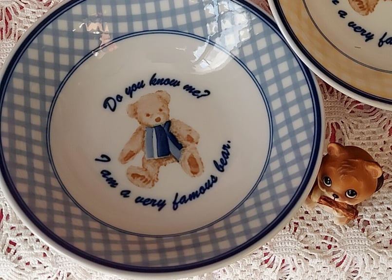 テディベアとギンガムチェック・深皿 ブルー | あんちーくKIDAN