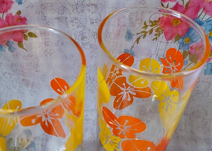 花柄　グラス 佐々木ガラス・オレンジイエロー🧡花柄ストレートグラス | あん