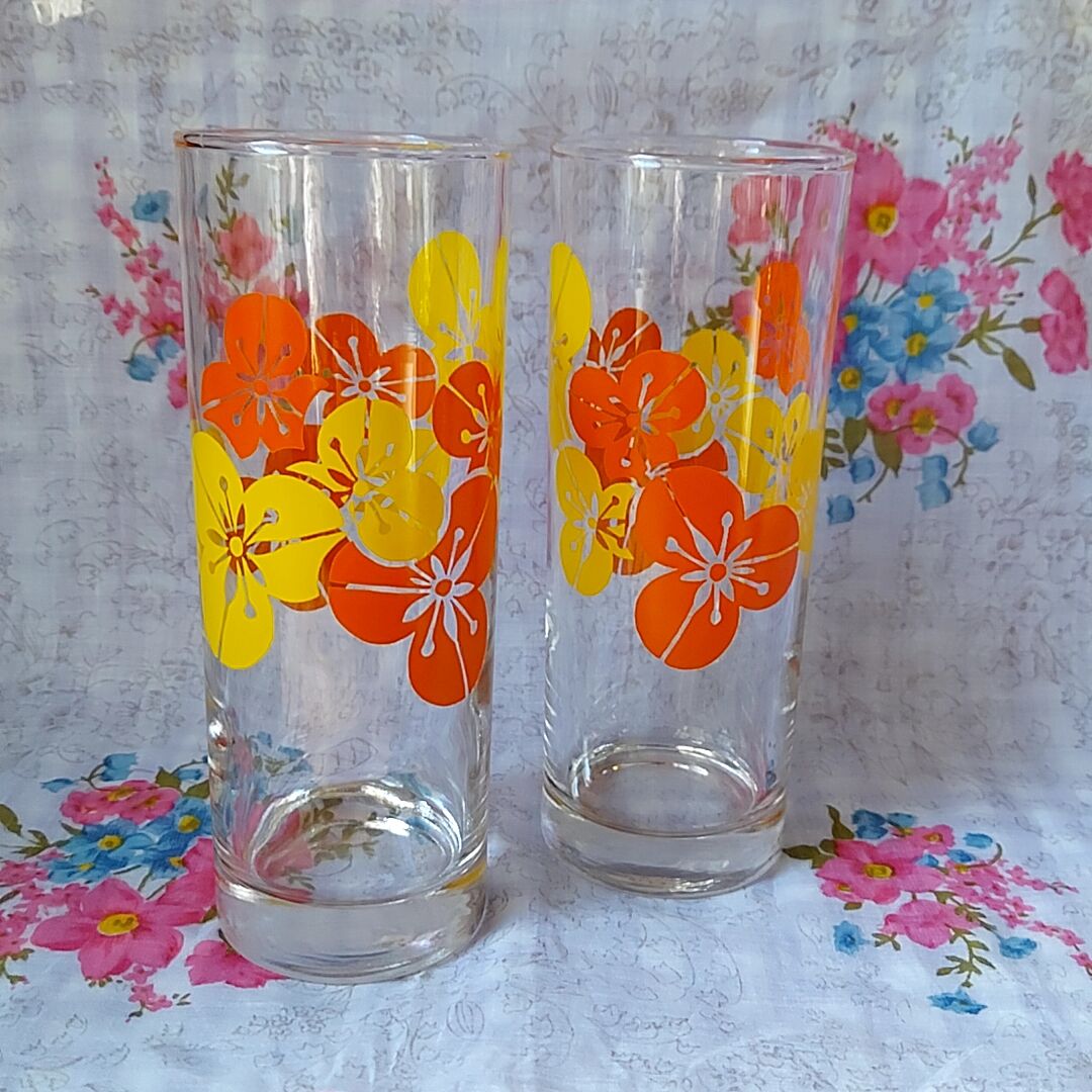 花柄　グラス 佐々木ガラス・オレンジイエロー🧡花柄ストレートグラス | あんちーく