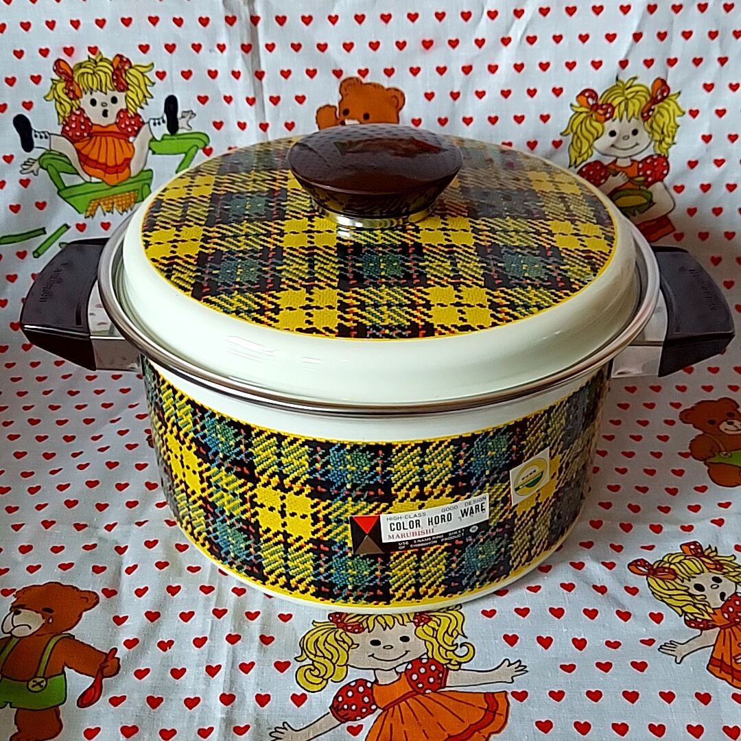 確認用♥️マルビシ鍋♥️マルビシ　ホーロー鍋♥️ マルビシ・黄色チェックのホーロー両手鍋 | あんちーくKIDAN STORE