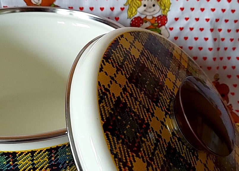 マルビシ・黄色チェックのホーロー両手鍋 | あんちーくKIDAN STORE