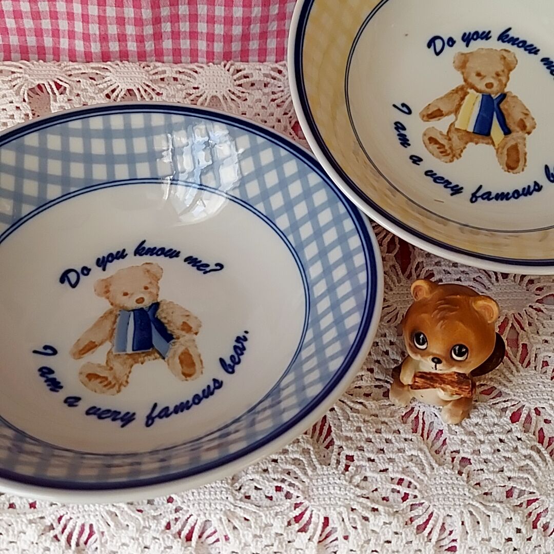 テディベアとギンガムチェック・深皿 ブルー | あんちーくKIDAN STORE