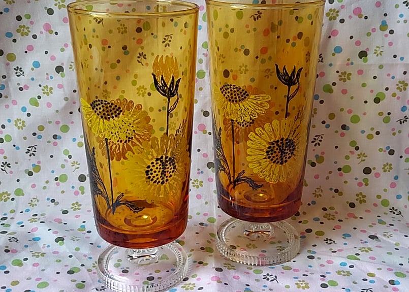 アデリアグラス 花柄 ひまわり コップ カップ ヒマワリ 脚付きグラス 5客 レトロ (R2273wY) アデリアグラス 花柄 ひまわり コップ カップ ヒマワリ 脚付きグラス 5