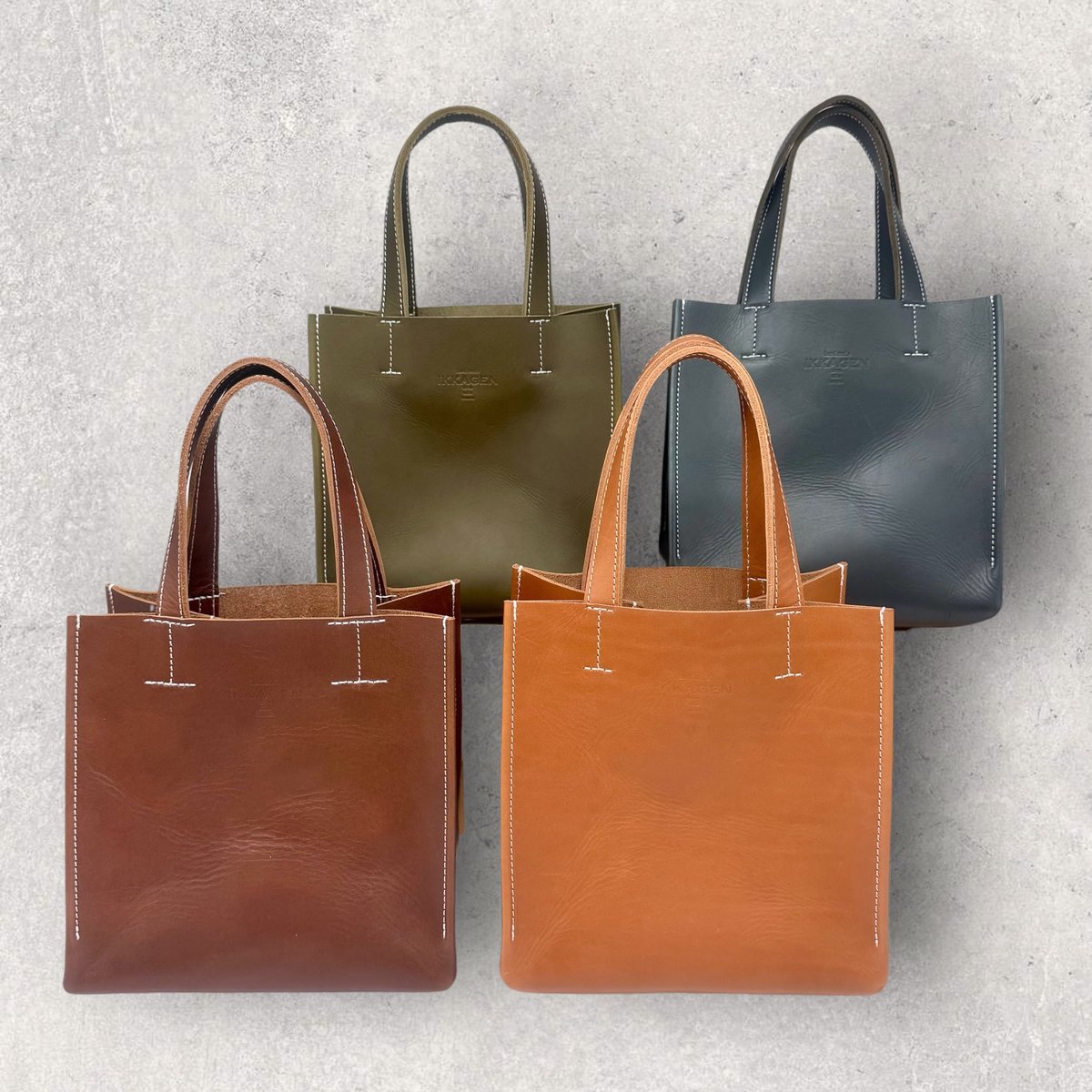 レディーストート(スクエア型)バッグ&ぺったんこポーチハンドメイド レザースクエアトートバッグ（ハンドメイド／ボックス型／マチ広め