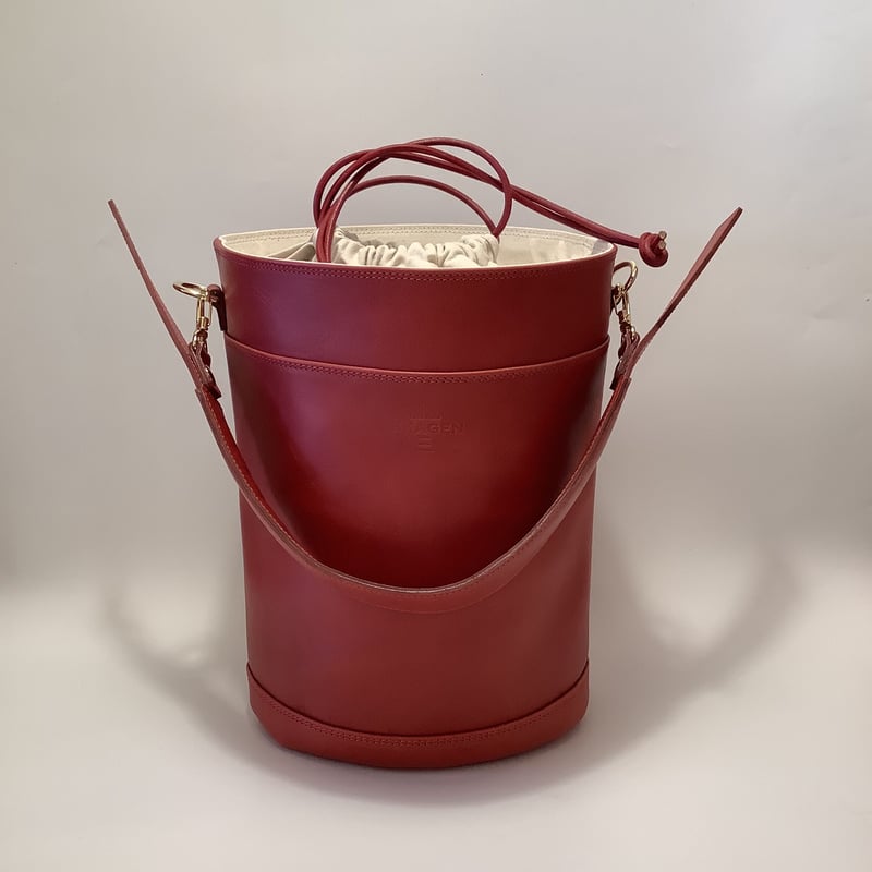レザーバケツ型バッグ（レッド） | IKKAGEN 本革と帆布を使用した  