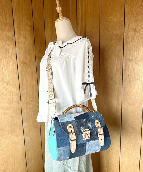 Carter messenger bag(リメイクデニムパッチワーク・ブルー)