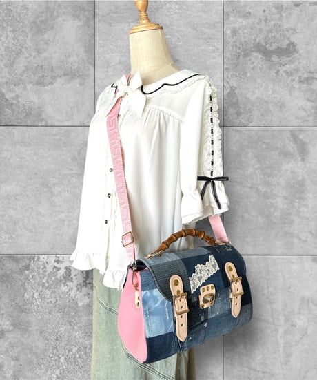 Carter messenger bag(リメイクデニムパッチワーク・ピンク)