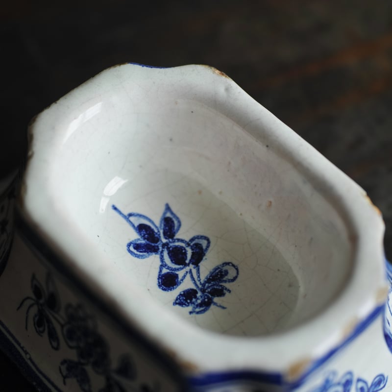18世紀 フランス ファイアンス 藍絵白釉八角塩入れ / France 18th C