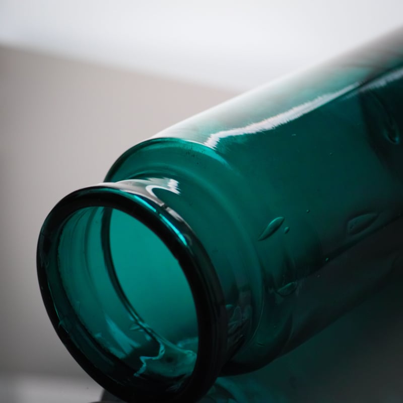 19世紀 フランス 古い手吹きガラスの保存ボトル / Mouth Blown Blue Gre