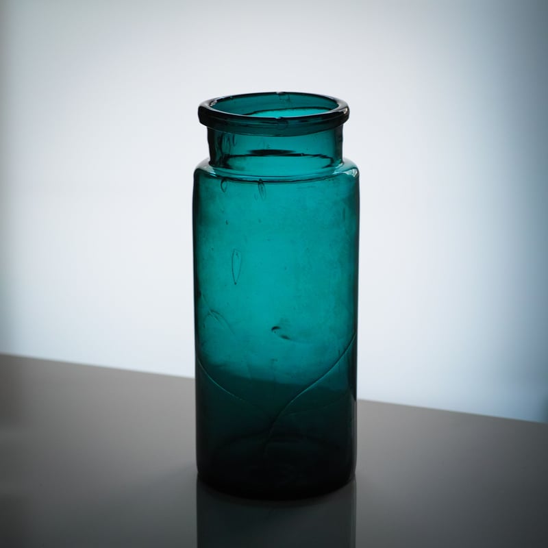 19世紀 フランス 古い手吹きガラスの保存ボトル / Mouth Blown Blue Gre