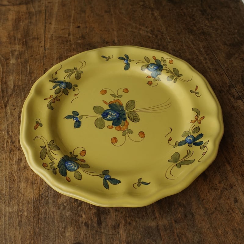 フランス　陶器　絵皿 19-20世紀 南フランス 黄釉色絵輪花平皿 23.5cm / France 19-20th