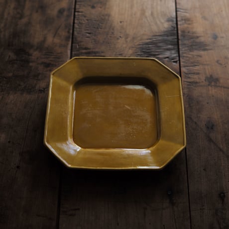 19世紀 珉平焼 無地黄釉隅切角皿  / Minpei Ware Yellow-glazed Plate / 日本 江戸幕末