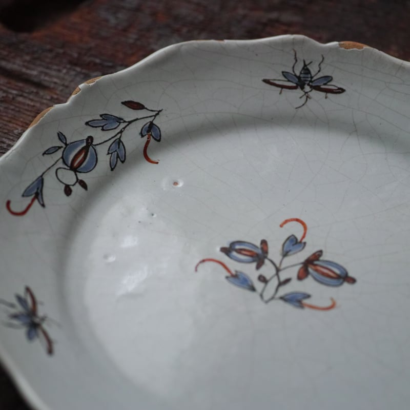 18世紀 フランス ファイアンス白錫釉色絵皿 / Faience Plate / France