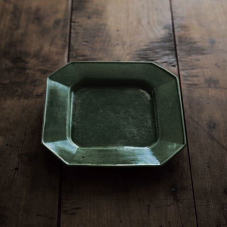 19世紀 珉平焼 無地緑釉隅切角皿  / Minpei Ware Green-glazed Plate / 日本 江戸幕末