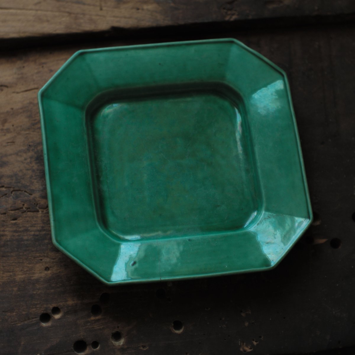 19世紀 珉平焼 無地緑釉隅切角皿 / Minpei Ware Green-glazed P