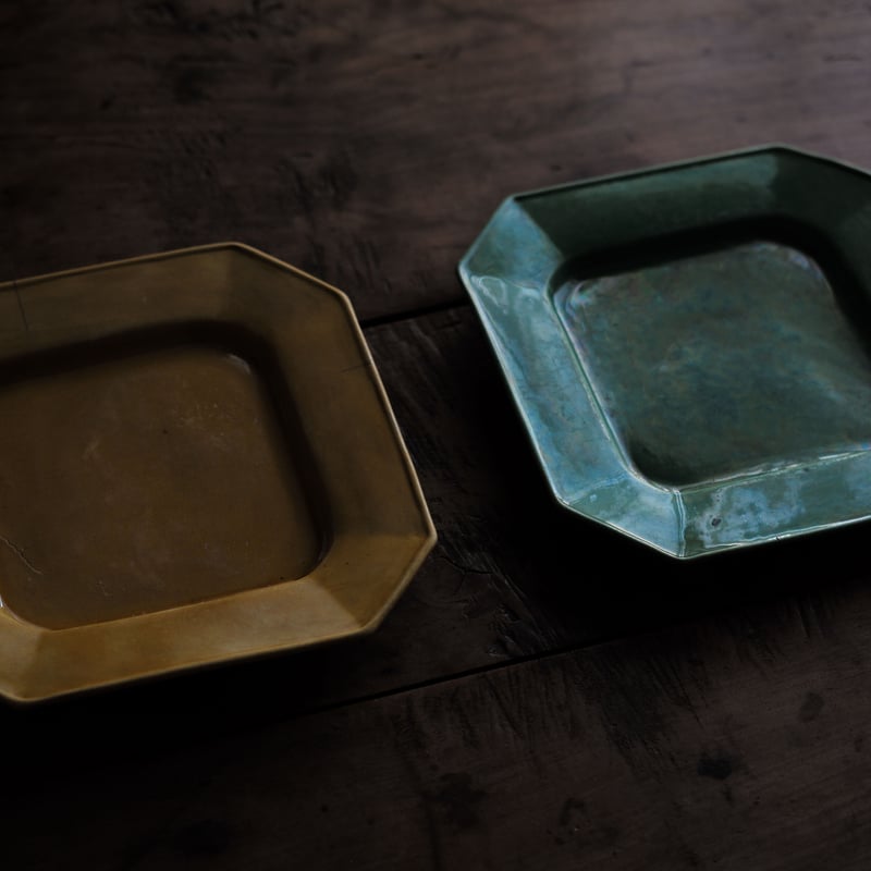 19世紀 珉平焼 無地緑釉隅切角皿 / Minpei Ware Green-glazed P...