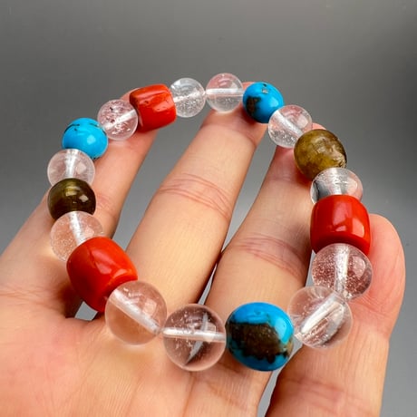 【デザインブレスレット】アリゾナ産ターコイズ×ガネッシュヒマール天然ヒマラヤ水晶/Arizona Turquoise×Ganesh Himal Himalayan Quartz